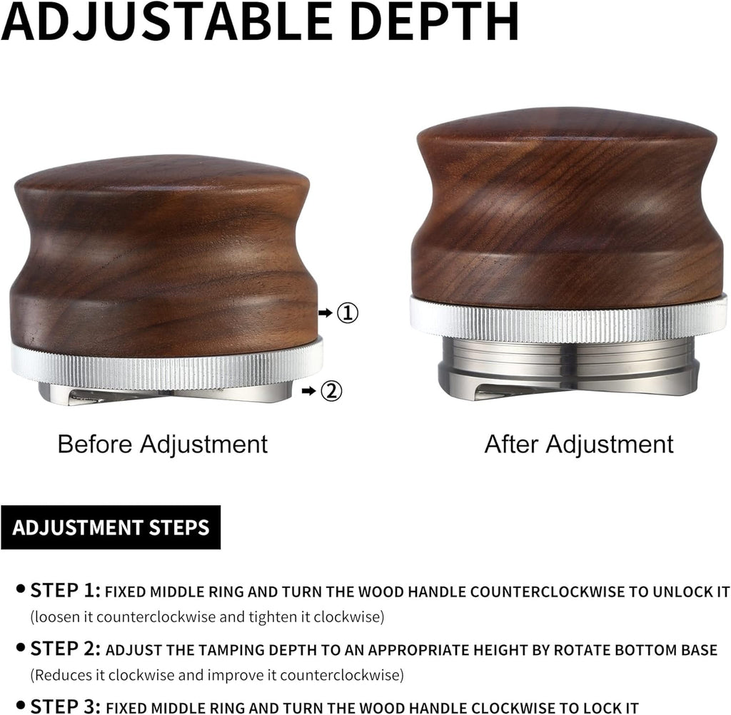 51mm Coffee Distributor, Espresso Distribution Tool, Adjustable Depth Espresso Tamper Leveler with Walnut Wood Handle Fits for 51mm Delonghi Barista Portafilter
