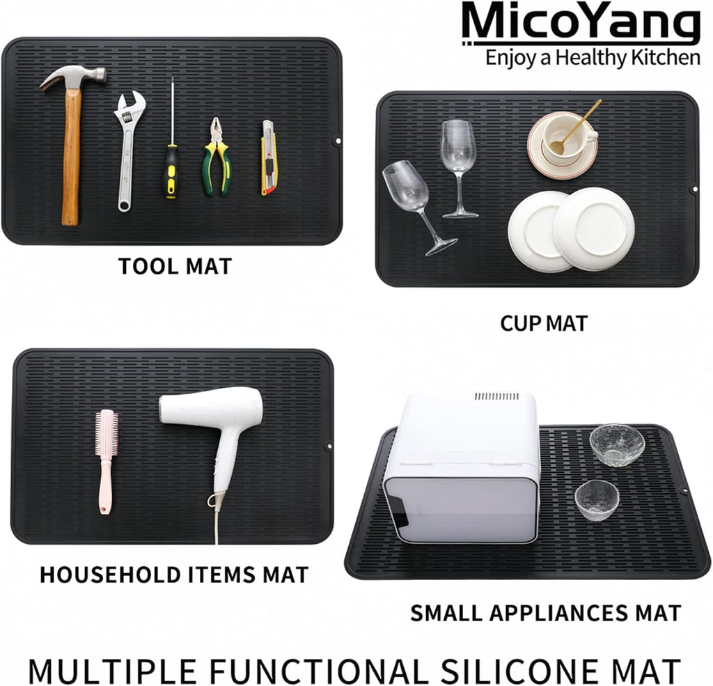 Silicone Dish Drying Mat for Multiple Usage,Easy clean,Eco-friendly,Heat-resistant Silicone Mat for Kitchen Counter or Sink,Refrigerator or Drawer Liner Black 3XL 28 inches x 18 inches