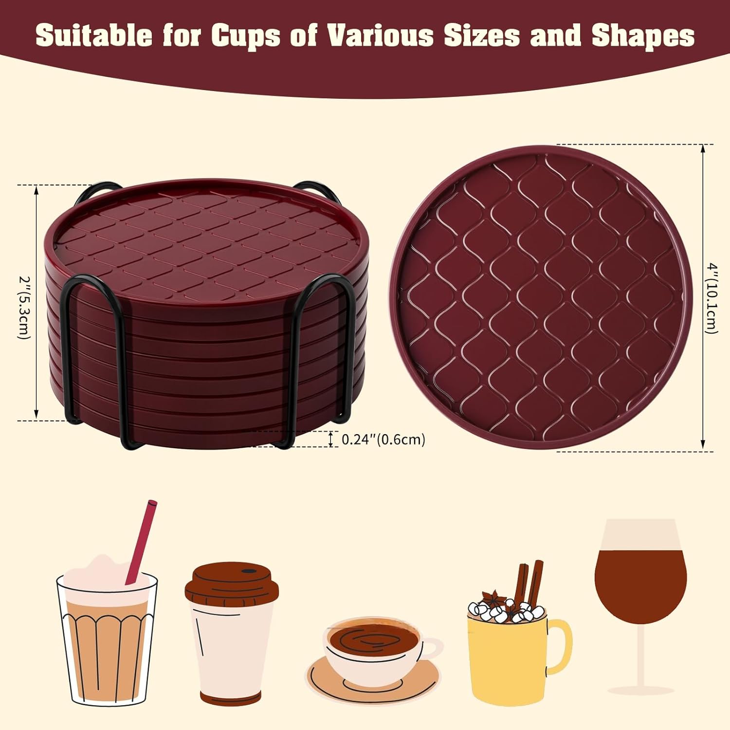 Coasters Set of 8,Hot or Cold Drink Coasters with Holder,Modern Style Coffee Table Coaster,Suitable for Kinds Cups Beer,Drink,Anti-Overflow Tabletop Protection(Wine red, 8pcs)