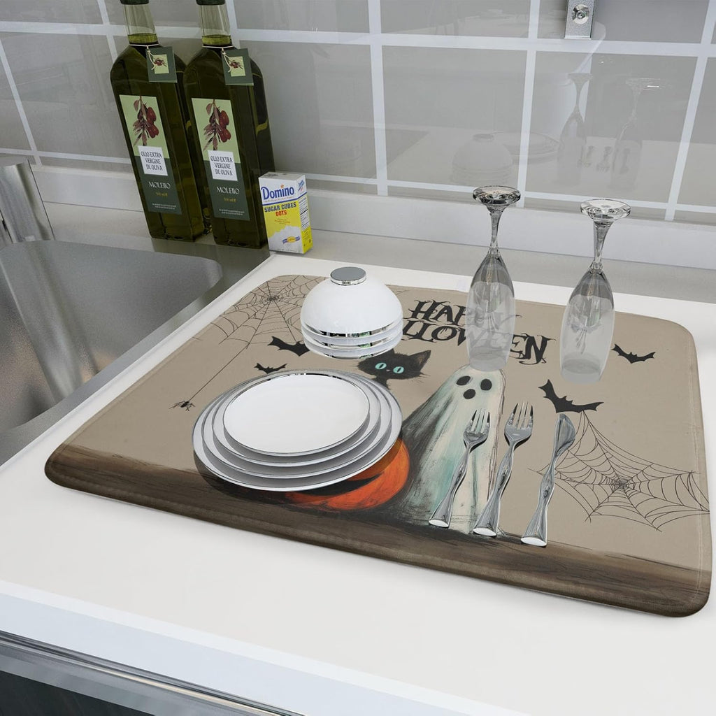 Happy Halloween Black Cat Ghost Dish Drying Mat for Kitchen Counter,Halloween Pumpkin Spiderweb Bat Drying Mat 18 x 24 Inch with High Absorbent Microfiber Drainer Mat for Coffee Bar