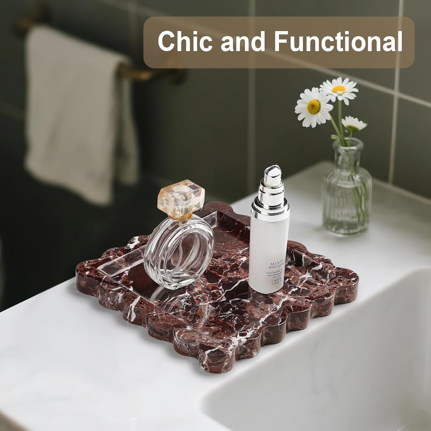 Natural Marble Vanity Tray - Moujings Genuine Marble Perfume Tray for Bathroom Decor, Stone Bathroom Vanity Organizer Tray for Kitchen Counter, Candles, Jewelry, Coffee, Makeup, Key