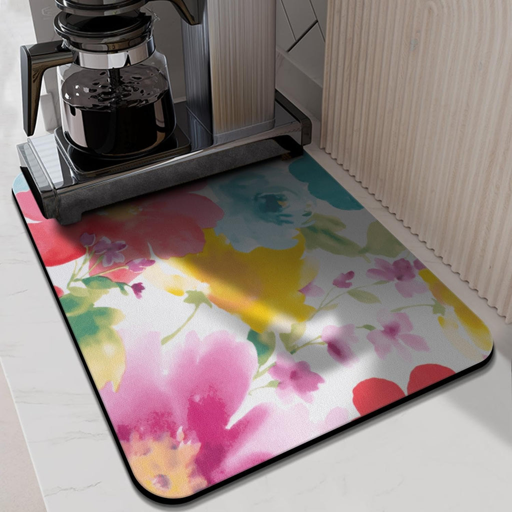 Dish Drying Mat, 24x18in, Watercolor Flower, Nylon, Diatomite, Rubber Backed, Absorbent, Quick Dry, Non-Slip, Wide Use