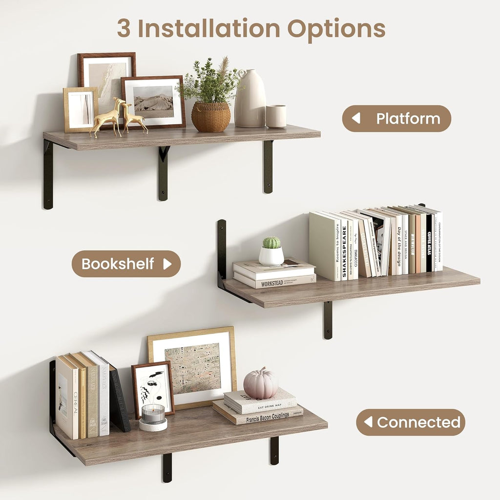 Fun Memories Floating Shelves for Wall, 12 Inch Deep Floating Shelves Set of 2, Wall Mounted Shelf with Metal Brackets, Rustic Wood Wide Shelf for Bathroom, Kitchen and Living Room, Grey, 32W x 12D