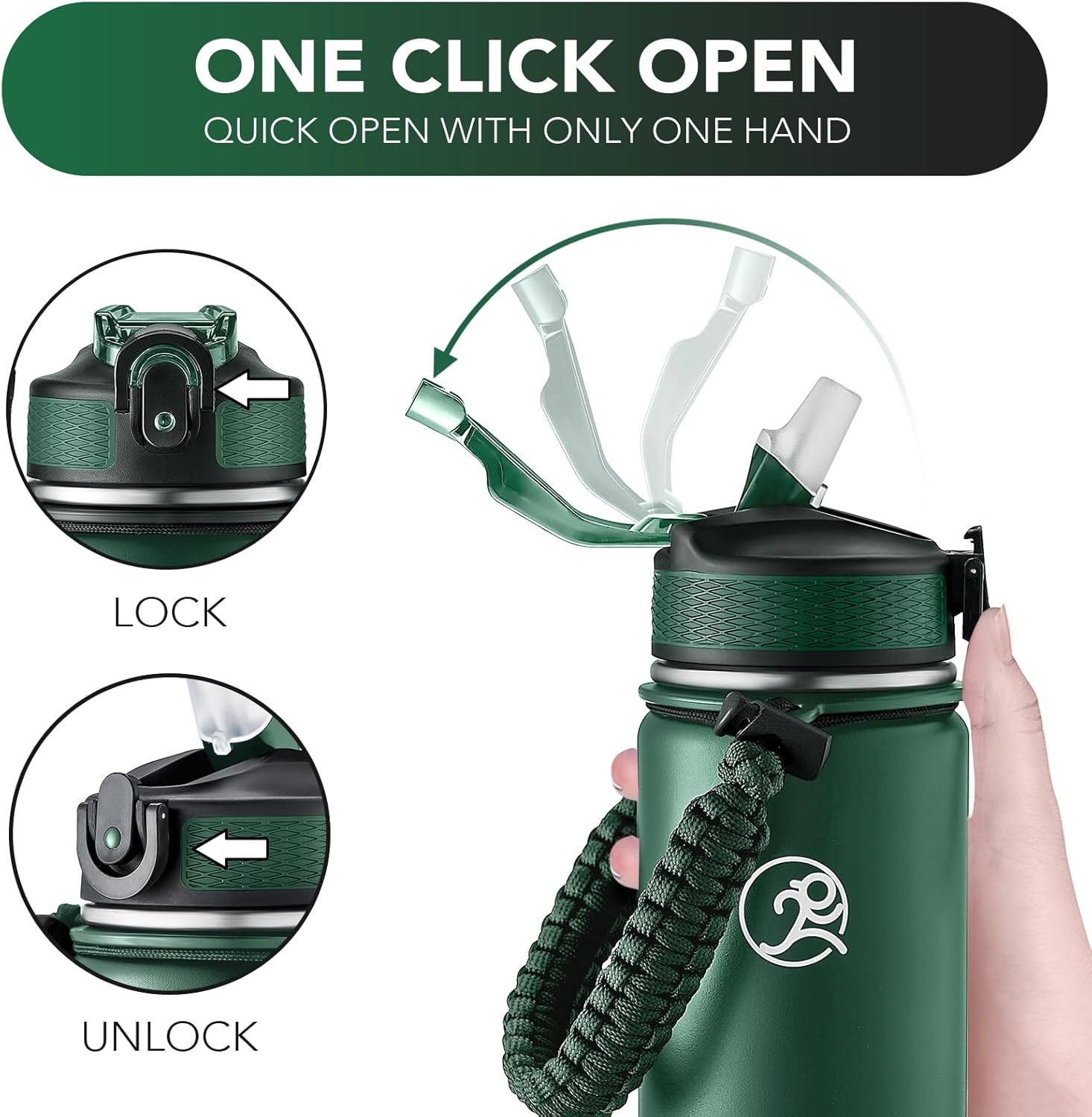 GOSWAG Insulated Sports Water Bottle, 24oz 2 Lids(with Straw/No Straw), Stainless Steel Water Bottles with Paracord Handle, Insulated Bottle with Double-Wall Vacuum Insulation