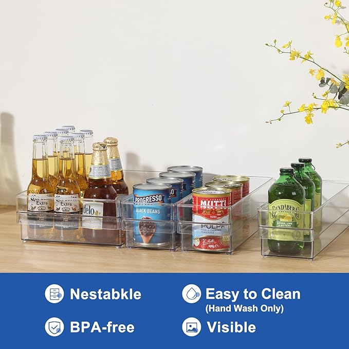 Plastic Storage Bins, 2 Pack Stackable Fridge Organizer Bins, Freezer Storage Bins, Clear Refrigerator Organizer Bins, Multipurpose Kitchen Pantry Organizers and Storage (L)