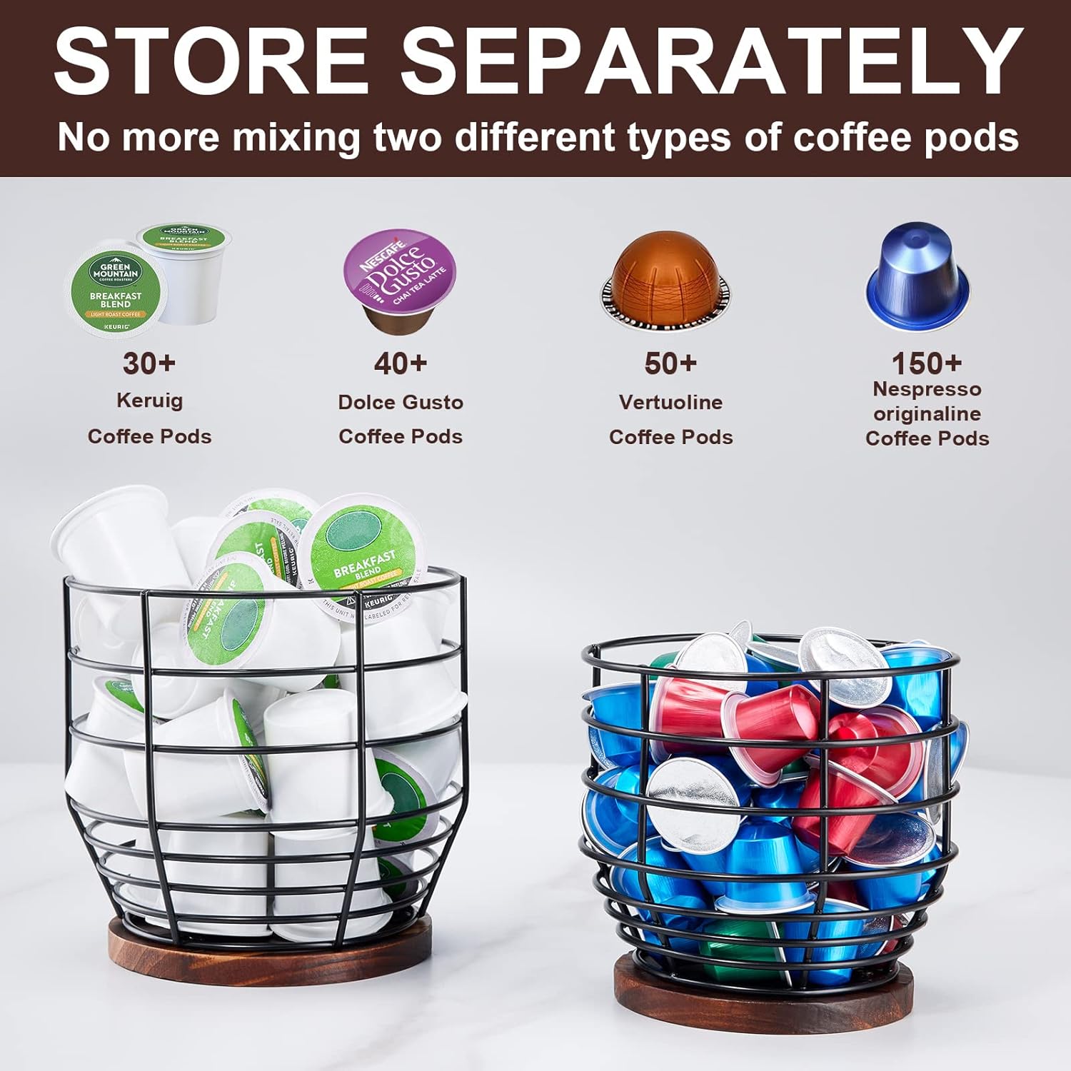 Yangbaga 2pcs Coffee Pod Holder - Large Capacity Black Wire K-Cup Holder With Wooden Base, Modern Basket Bar Decor for Station, Espresso Pods & Capsules, Fruit Snack Storage