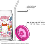 JoyJolt Disney Winnie the Pooh & Friends Flower Power Glass Tumblers with Lids and Straws, 16oz Glass Cups with Lids and Straws, Can Shaped Drinking Glasses Set of 4, Disney Gifts for Adults