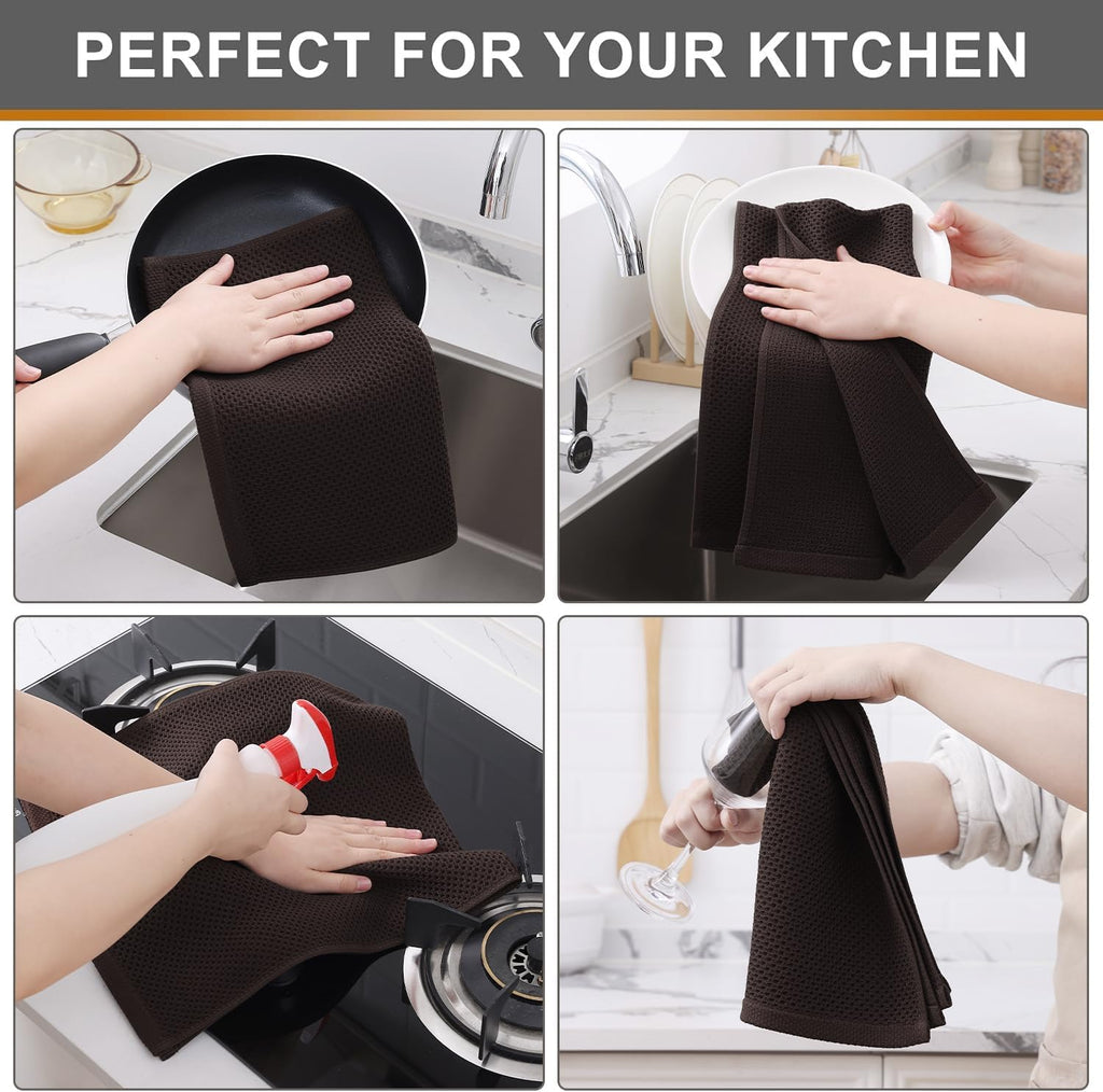 Kitinjoy 100% Cotton Waffle Weave Kitchen Towels, 8-Pack Super Soft and Absorbent Dish Towels for Drying Dishes, Kitchen Hand Towels, 13 in x 28 in, Dark Brown