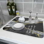 Giwawa Marble Dish Drying Mat for Kitchen Counter 18x24 inch Black Grey Gold Marbling Print Decorative Absorbent Dish Drying Pad Elegant Luxury Granite Stone Microfiber Large Drainer Rack
