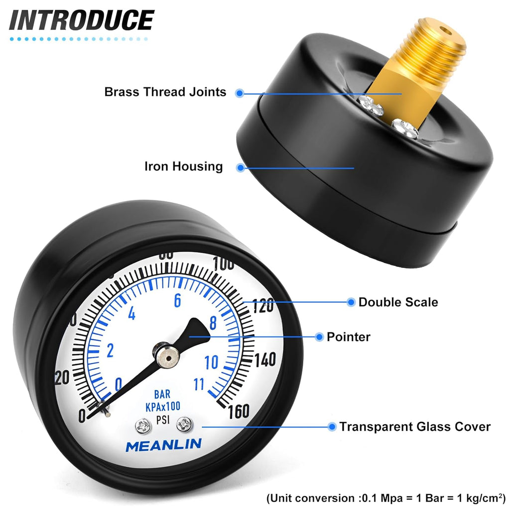 MEANLIN MEASURE 0-160Psi Well Pump Pressure Gauge 1/4" NPT 2" FACE DIAL for Air Compressor RV Regulator Water Pressure Tester Back Mount, with Teflon Tape