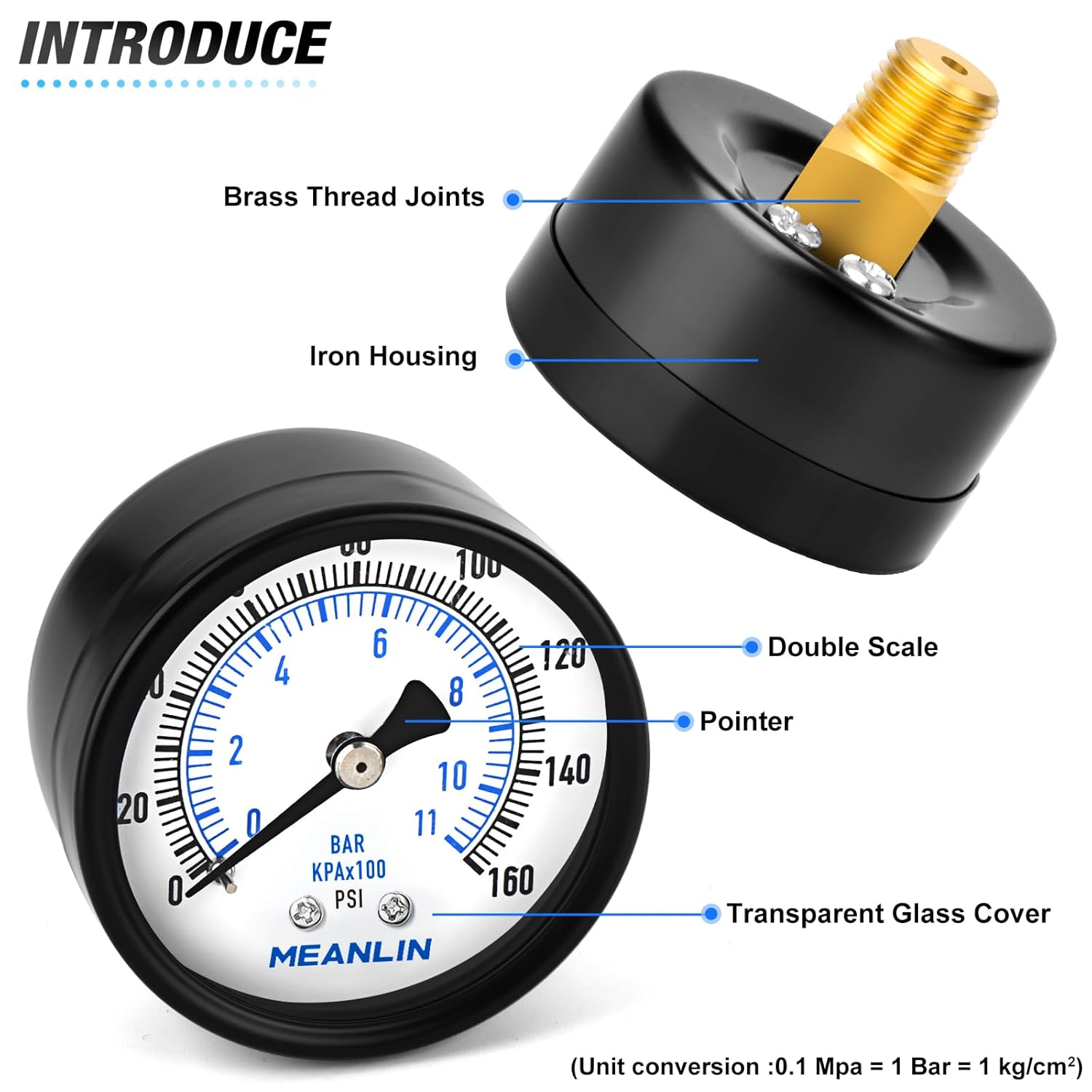 MEANLIN MEASURE 0-160Psi Well Pump Pressure Gauge 1/4" NPT 2" FACE DIAL for Air Compressor RV Regulator Water Pressure Tester Back Mount, with Teflon Tape