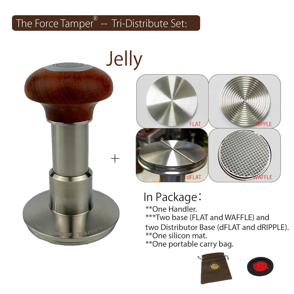 The Force Tamper Automatic Impact Adjustable Constant Pressure and Autoleveling Coffee Tamper Reddish Brown Jellyfish Wooden Handle Set Pro (TRI-Distribute Set, 58.35mm)