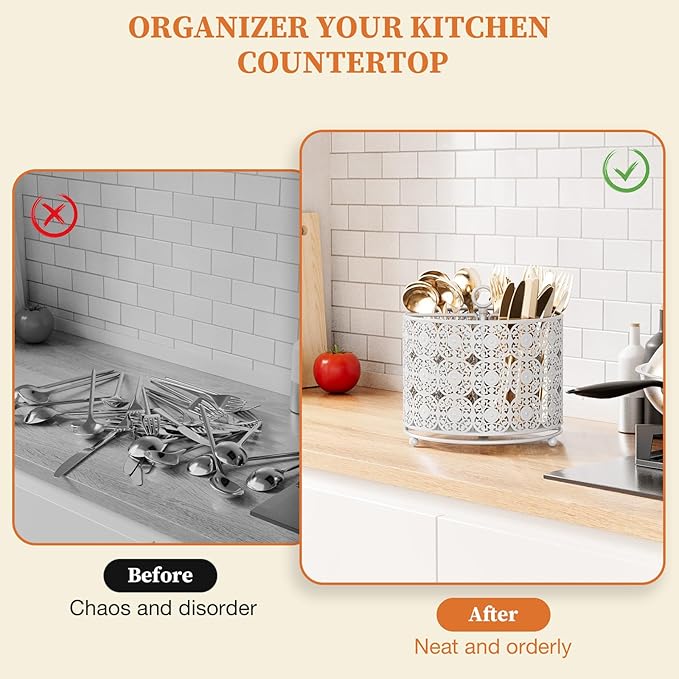 Rotating Utensil Caddy Holder - Higher Raised Cutlery Caddy Countertop - Metal Silverware Caddy Organizer with 4 Compartment for Kitchen Counter Party Office white