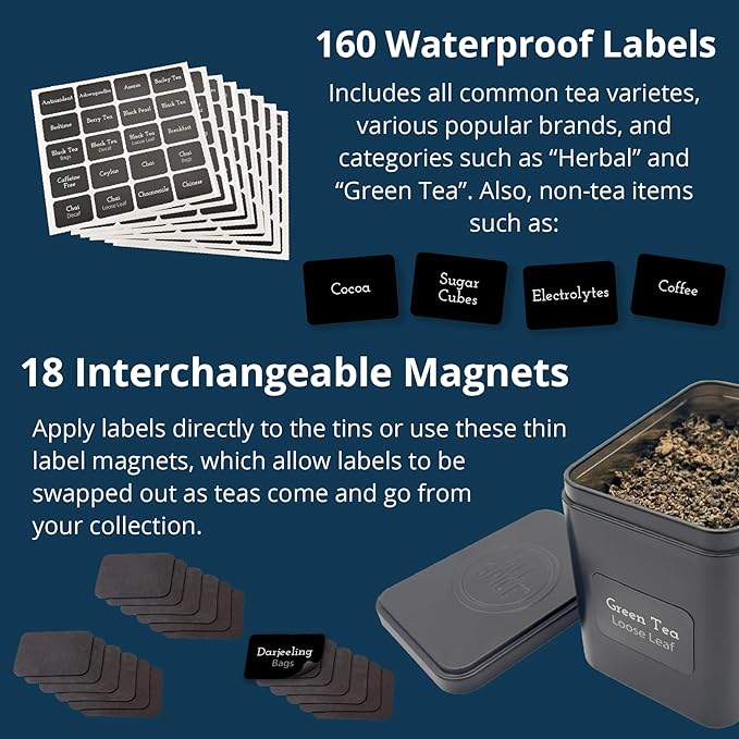 AllSpice Tea Organizer Rack with 9 Tins & 160 Magnetic Labels – Perfect for Bagged & Loose Leaf Tea Organization - Bamboo