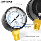 MEANLIN MEASURE 0-100Psi Well Pump Pressure Gauge 2" FACE DIAL 1/4" NPT for Well Pump Water Tire Water Pressure Tester Lower Mount, with Teflon Tape