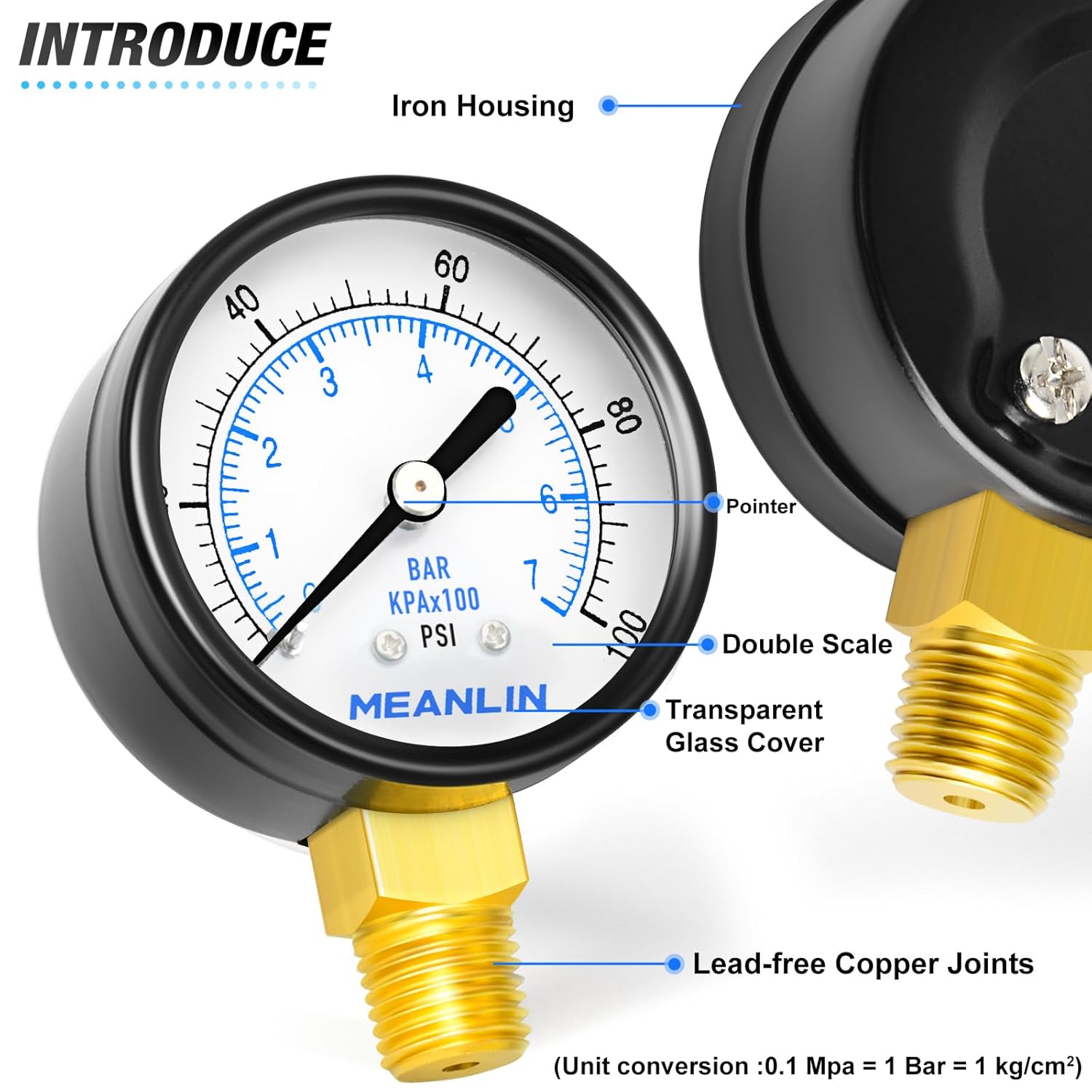 MEANLIN MEASURE 0-100Psi Well Pump Pressure Gauge 2" FACE DIAL 1/4" NPT for Well Pump Water Tire Water Pressure Tester Lower Mount, with Teflon Tape