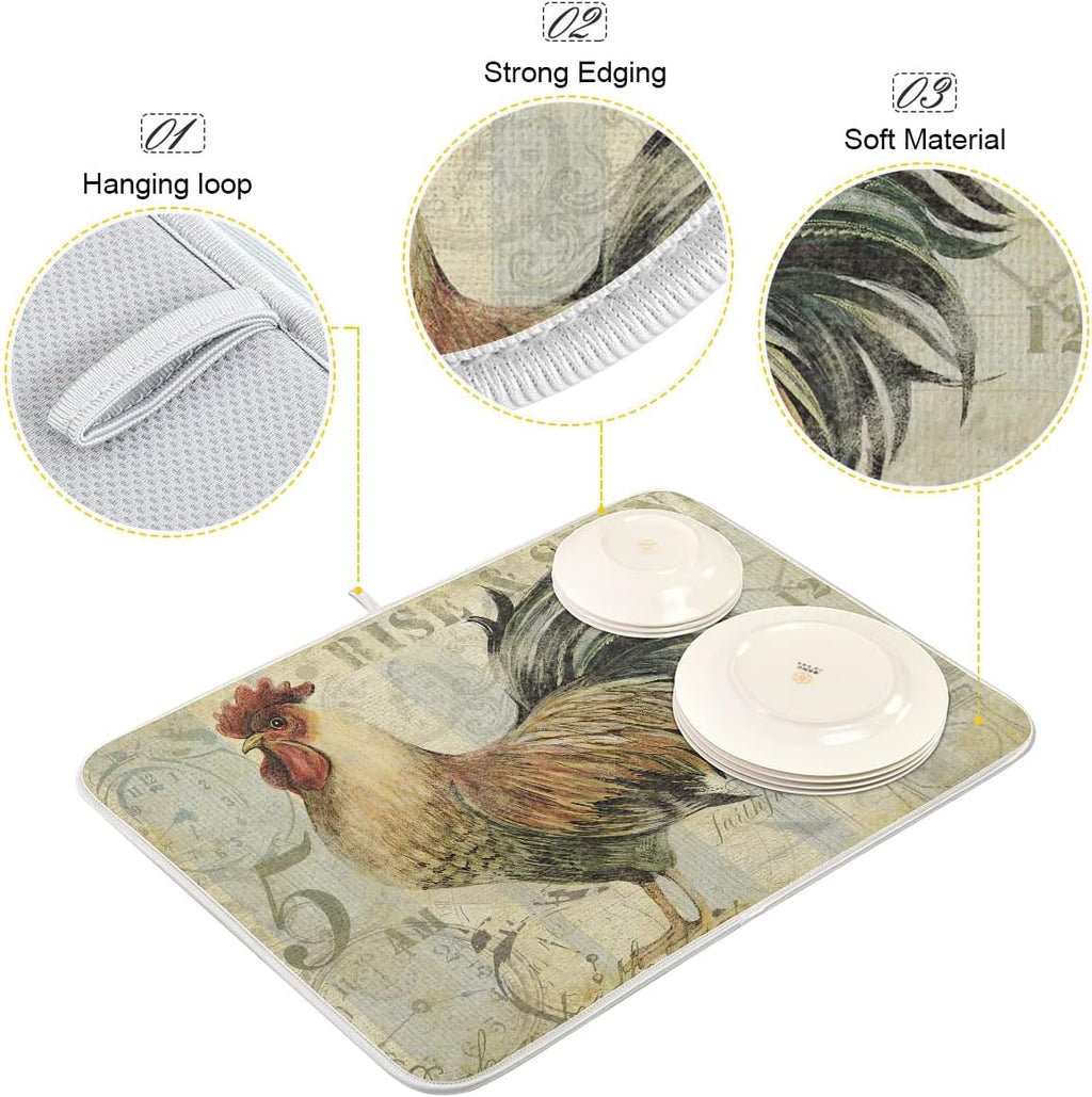Farmhouse Rooster Dish Drying Mat 18 x 24 Inch with Hanging Loop High Absorbent Reversible Microfiber Dish Drying Pad Dish Rack Pad Drainer Mat for Kitchen Counter Coffee Bar