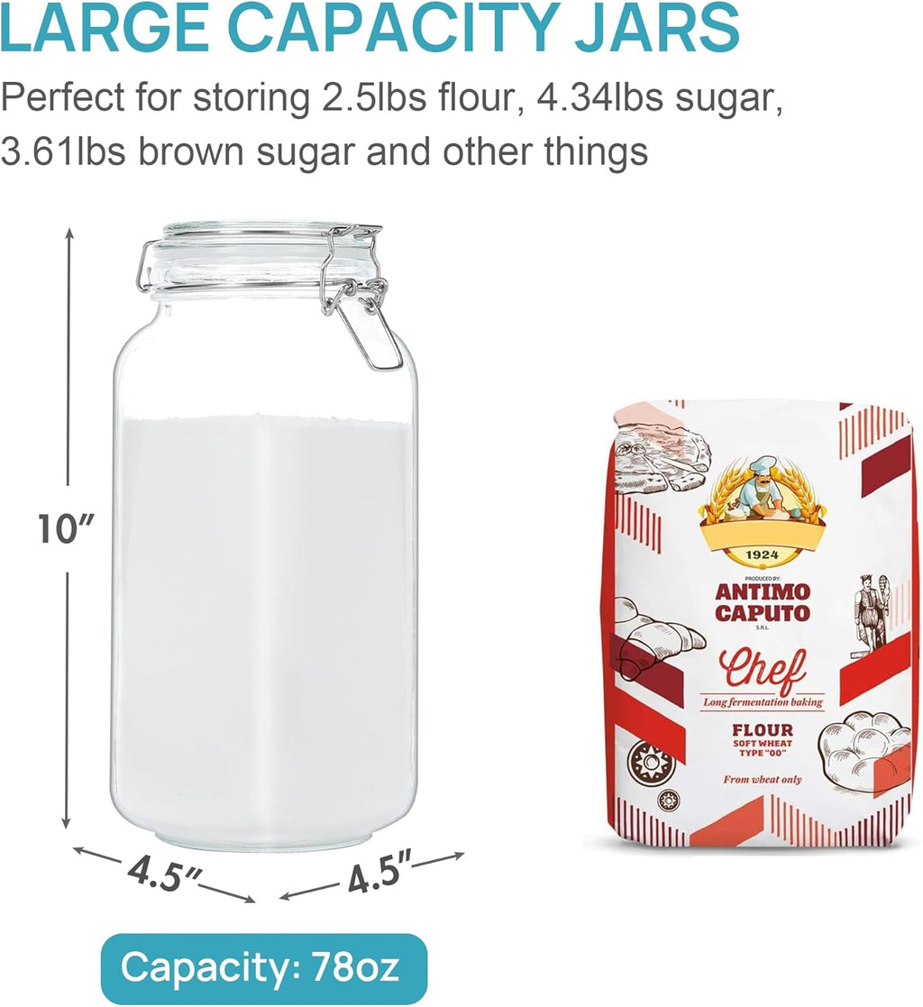 Vtopmart 78oz Glass Food Storage Jars with Airtight Clamp Lids, 3 Pack Large Kitchen Canisters for Flour, Cereal, Coffee, Pasta and Canning, Square Mason Jar with 8 Chalkboard Labels