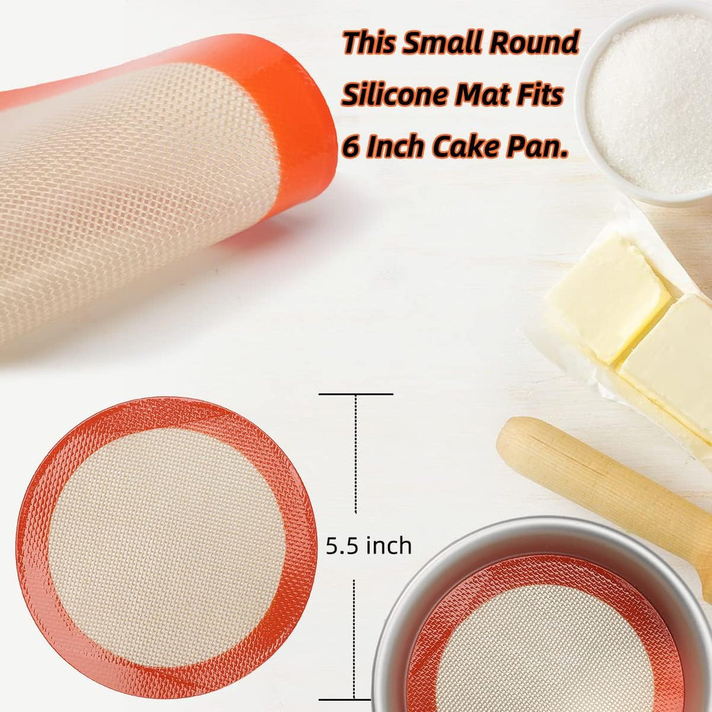 6 Inch Round Baking Mats, Food Grade Silicone Mats for Cake Pan/Tortilla Maker, Premium Non-Stick Reusable 6 Inch Tortilla Press Liner for Small Cake/Tortilla/Pie/Pizza, Round 5.5" Orange, 3PCS