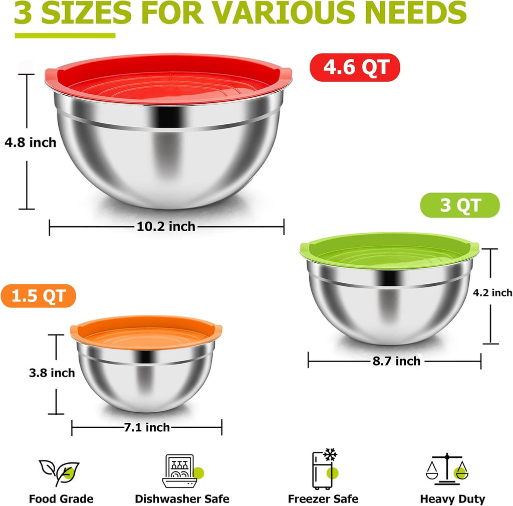 TeamFar Mixing Bowls, Stainless Steel Nesting Salad Bowls with Airtight Lids Set, For Serving/Mixing/Storing, Healthy & Long-lasting, Dishwasher Safe & Easy Clean, 4.6/3 / 1.5 QT, Colorful
