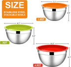 E-far Mixing Bowls with Lids, 6-Piece Stainless Steel Salad Bowls Metal Nesting Bowls for Baking Cooking and Prepping, Airtight Lids & Stackable Design, Size 4.5, 3, 1.5 QT (Colorful)