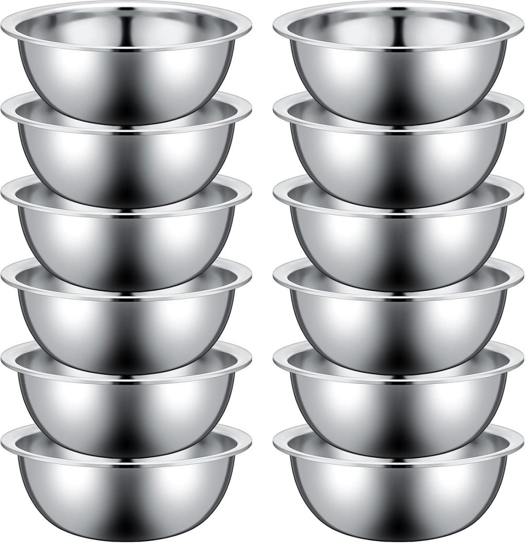 Pinkunn Set of 12 Stainless Steel Mixing Bowls, Nesting Metal Prep Salad Bowl Bulk Kitchen Large Reusable Baking Food Container for Hotel Restaurant Home Cooking, Silver(10.2 x 3.26 Inch)
