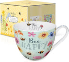 20 oz Bees & Flowers Coffee Hug Mug,“Be Happy” Designed to Spread Joy, Premium Bone China, Perfect Holiday and Birthday Gift for Women, Designed in England by Harvest Green Studio