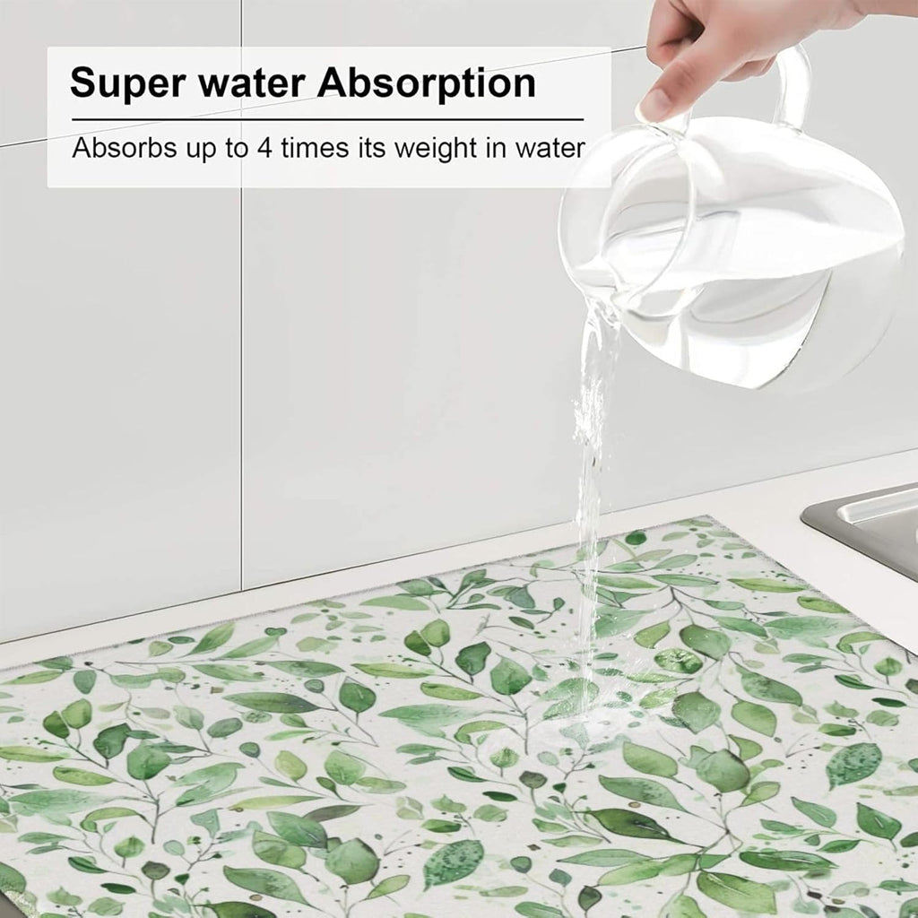 Green Leaves Dish Drying Mat, Highly Absorbent Microfiber Kitchen Counter Pad Reusable Washable, 16*18"