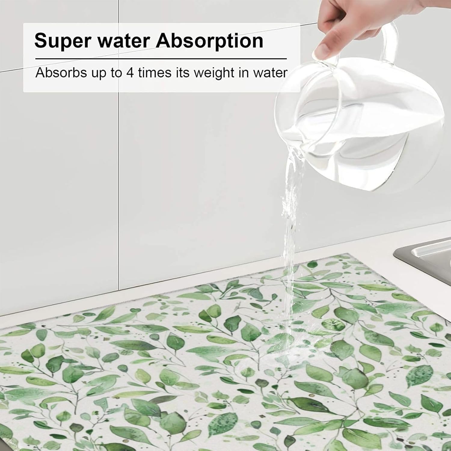 Green Leaves Dish Drying Mat, Highly Absorbent Microfiber Kitchen Counter Pad Reusable Washable, 16*18"