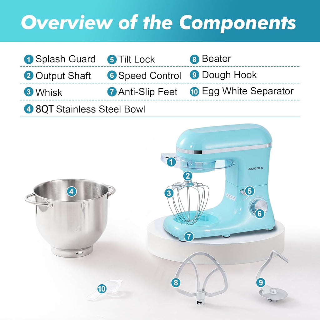 Aucma Stand Mixer, 900W 8QT Large Kitchen Mixer, Kitchen Electric Mixers with Dough Hook, Wire Whip & Beater (Blue, 8QT)