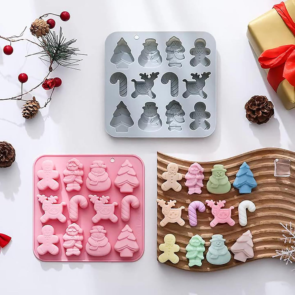 Christmas Silicone Chocolate Molds, 2Pcs Baking Molds Santa Claus Snowman Gingerbread Man Tree Walking Stick Elk 6 Shapes for Jelly Candy Ice Cube Fudge Resin