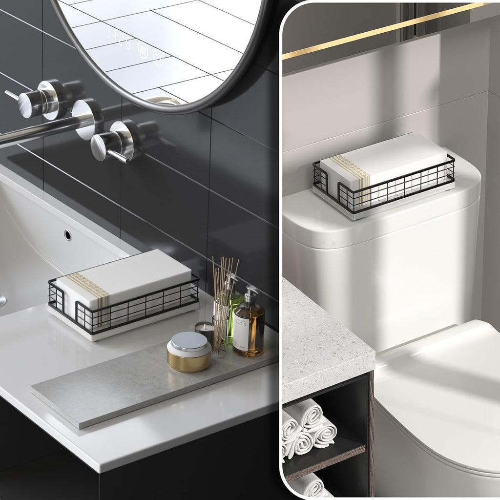 Wican Guest Towel Holder Tray for Bathroom, Oak and Iron Napkins Holder for Powder Room Dinning Table Wooden Basket for Disposable Paper Hand Towels Black and Farmhouse White