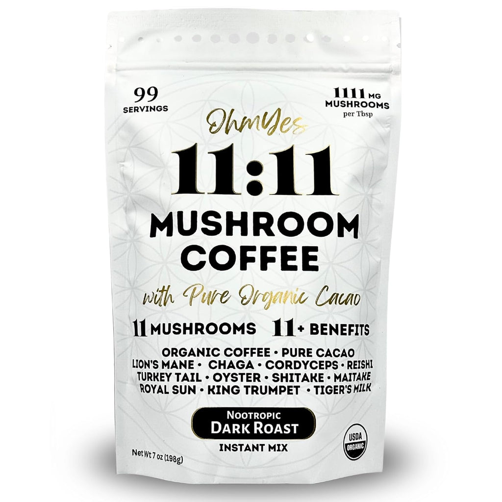 Organic Mushroom Coffee with Cacao – 11x Adaptogenic Mushrooms for Focus, Clarity & Energy – Lion’s Mane, Reishi, Chaga + Nootropic Superfood by OhmYes (7oz) - 99 Servings