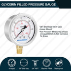 MEASUREMAN Lead-Free Pressure Gauge, 2-1/2inch Dial, Glycerin Filled, 0-60psi/kpa, Stainless Steel Case, 1/4inchNPT Lower Mount