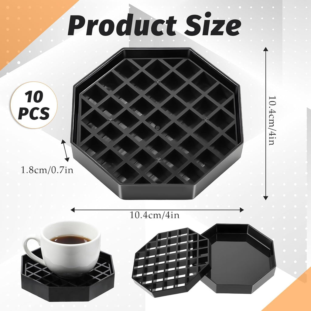 10 Pcs 4 Inch Coffee Drip Tray, Black Plastic Octagon Coffee Countertop Drip Coaster with Detachable Grid Drip Tray for Drink Dispenser Bar Restaurant Party