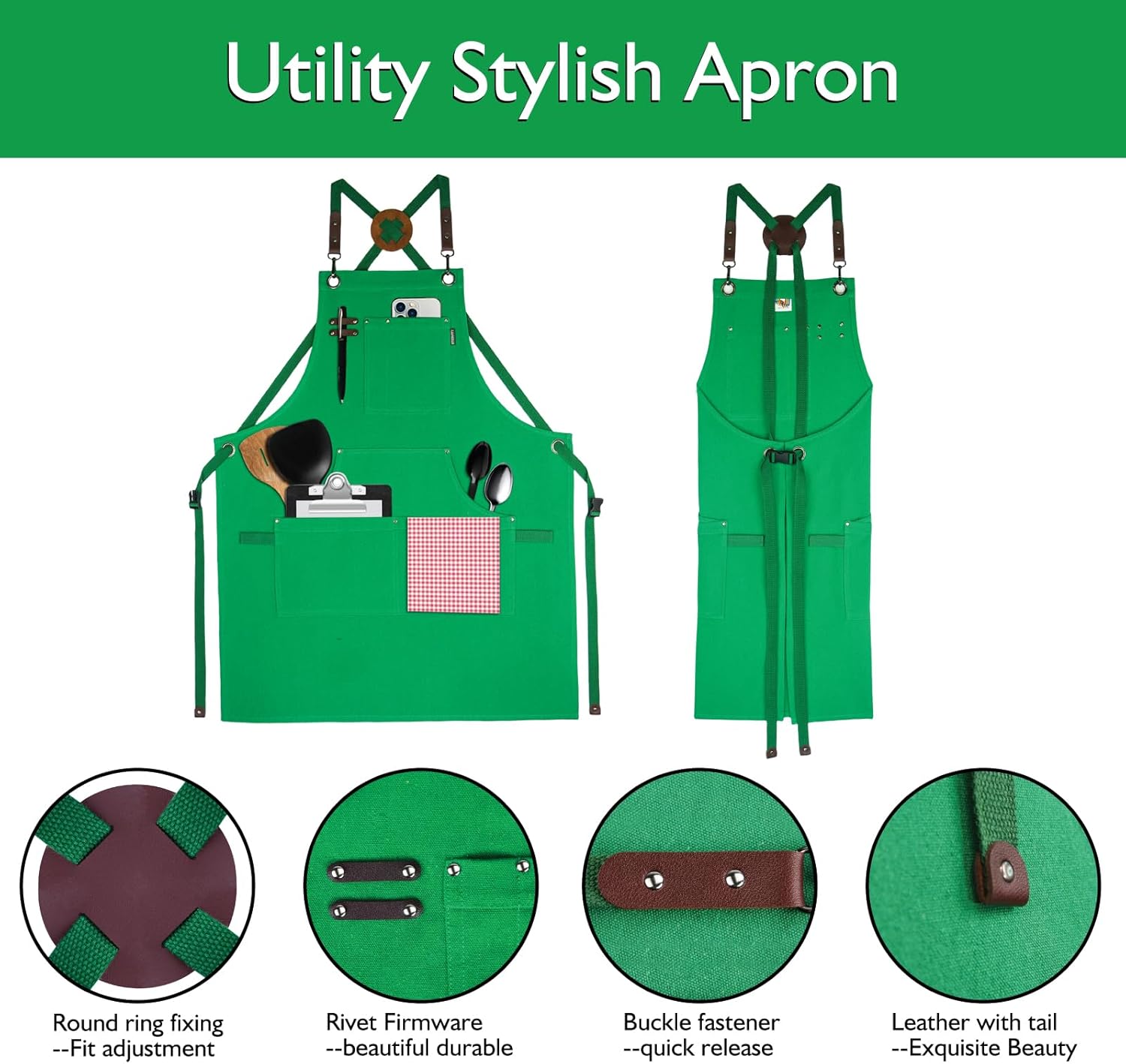 Kitchen Apron, Work Apron, Canvas, Multiple Pockets, Gardening, Painting, BBQ, Artist, Carpenter, Sizes M to XXL, Green