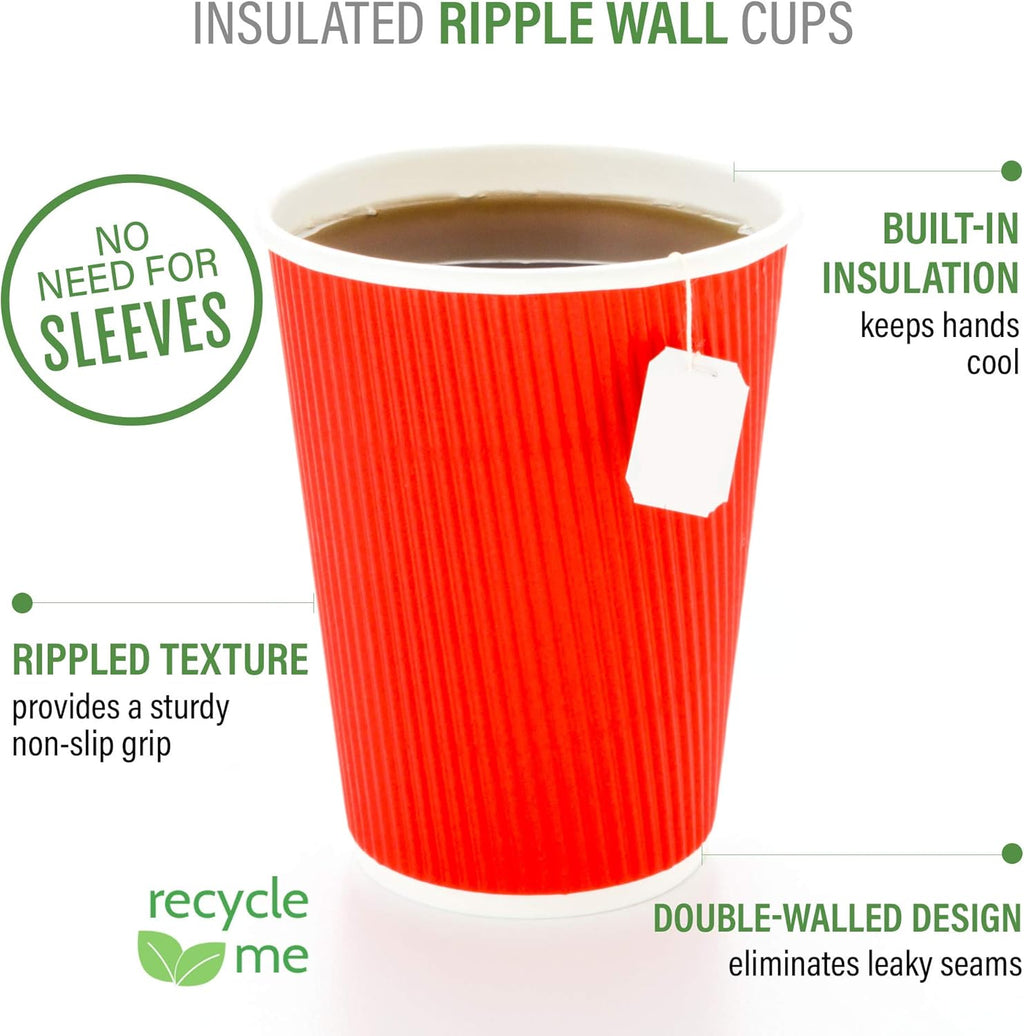 500-CT Disposable Red 4-OZ Hot Beverage Cups with Ripple Wall Design: No Need for Sleeves - Perfect for Cafes - Eco-Friendly Recyclable Paper - Insulated - Wholesale Takeout Coffee Cup