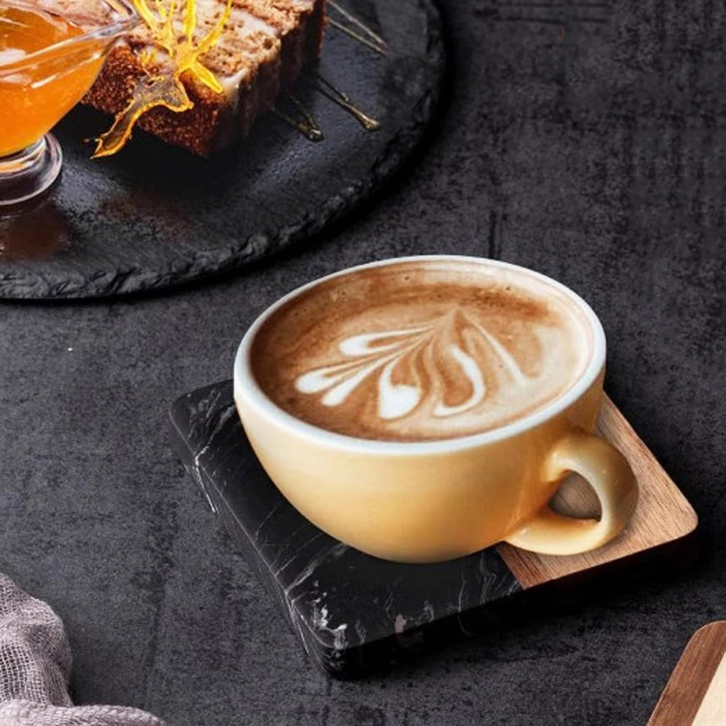 I-LAN 4 Pack 4 x 4 Inch Squre Natural Wood and Marbel Style Coasters for Drinks，Marble and Natural Wood Joint Mixed Modern Style Heat-Resistant Coaster Set for Home Kitchen