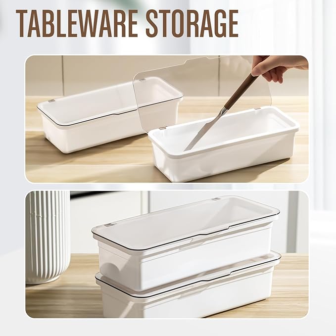 Remerry 6 Pcs Flatware Tray with Lid and Drainer, Plastic Utensil Organizer, Kitchen Cutlery Transparent Storage Box with Lid and Drain Rack, Drawer Tableware Storage Box for Home and Travel (White)