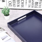 Navy Blue Serving Tray for Coffee Table, Rectangular Plastic Decorative Tray with Handles for Entertaining, Outdoor Patio, Living Room, Ottoman, Bathroom Counter, 11.8”*15.7”*1.6”