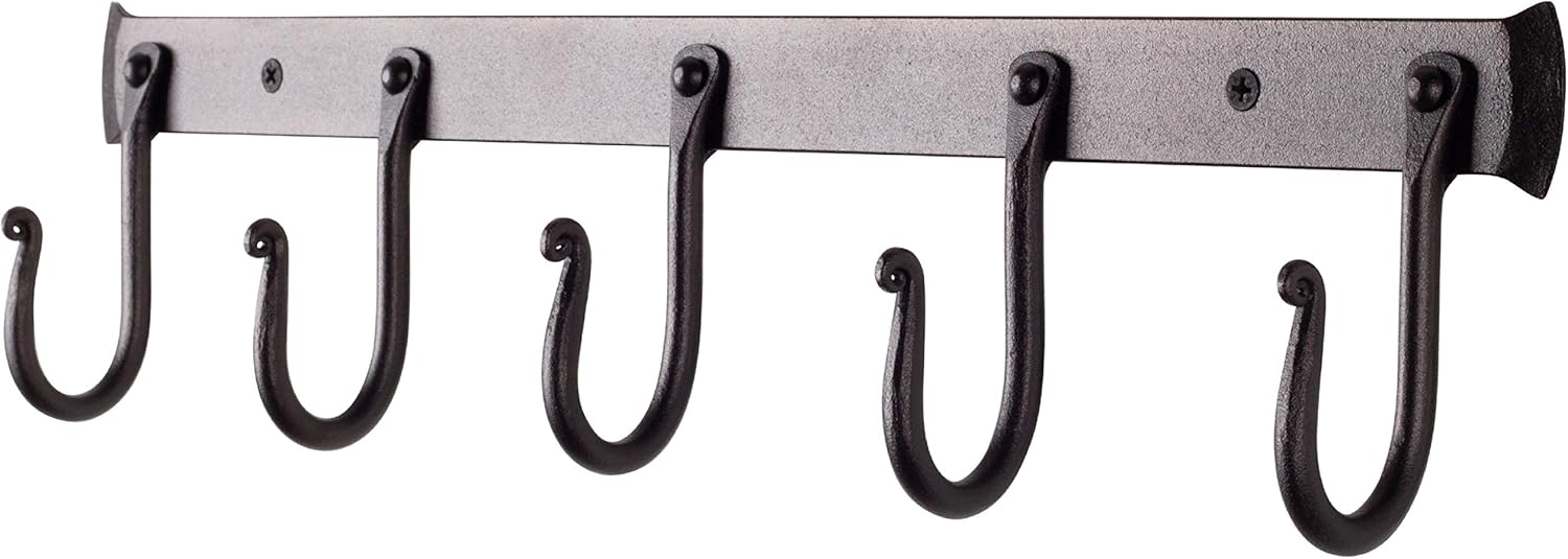 RTZEN Wall Mount Hook Set - Wrought Iron Decorative Rustic Metal Coat Hooks for Hanging - Handcrafted Classic Farmhouse Wall Mounted Black Hooks for Towel Robe or Hat Hanging - 5 Hook Rack