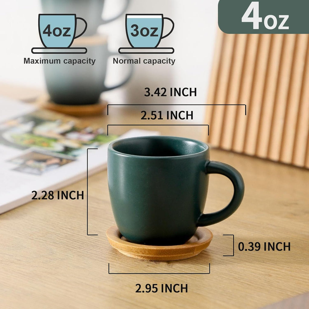 Hasense Stackable Porcelain Mini Espresso Cups and Saucers Set of 6, 4 OZ Ceramic Small Demitasse Espresso Shots Cups with Lids for Nespresso Lungo, Latte, Cafe Mocha and Tea, Green