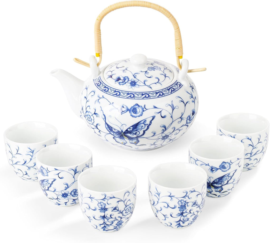fanquare Chinese Blue and White Porcelain Tea Set with 1 Teapot Set, 6 Tea Cups, Butterfly Pattern Asian Japanese Tea Sets for Adults
