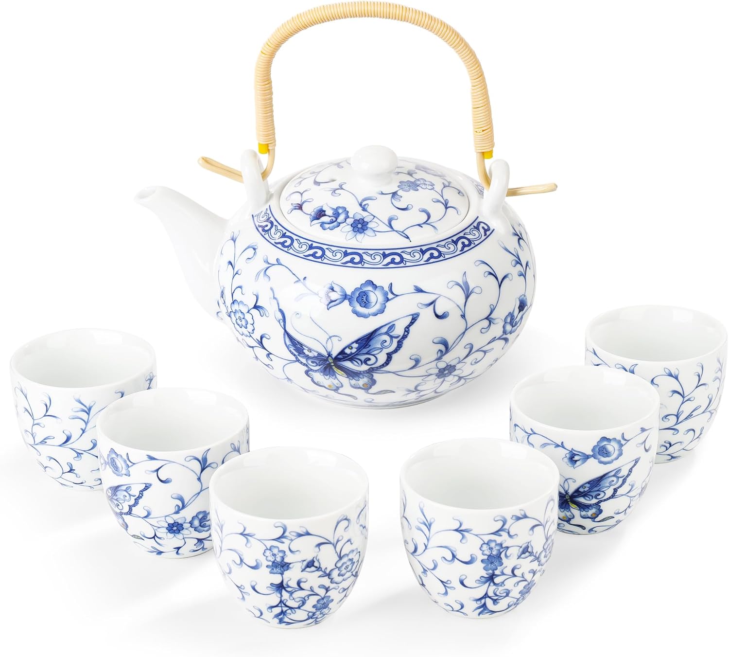 fanquare Chinese Blue and White Porcelain Tea Set with 1 Teapot Set, 6 Tea Cups, Butterfly Pattern Asian Japanese Tea Sets for Adults