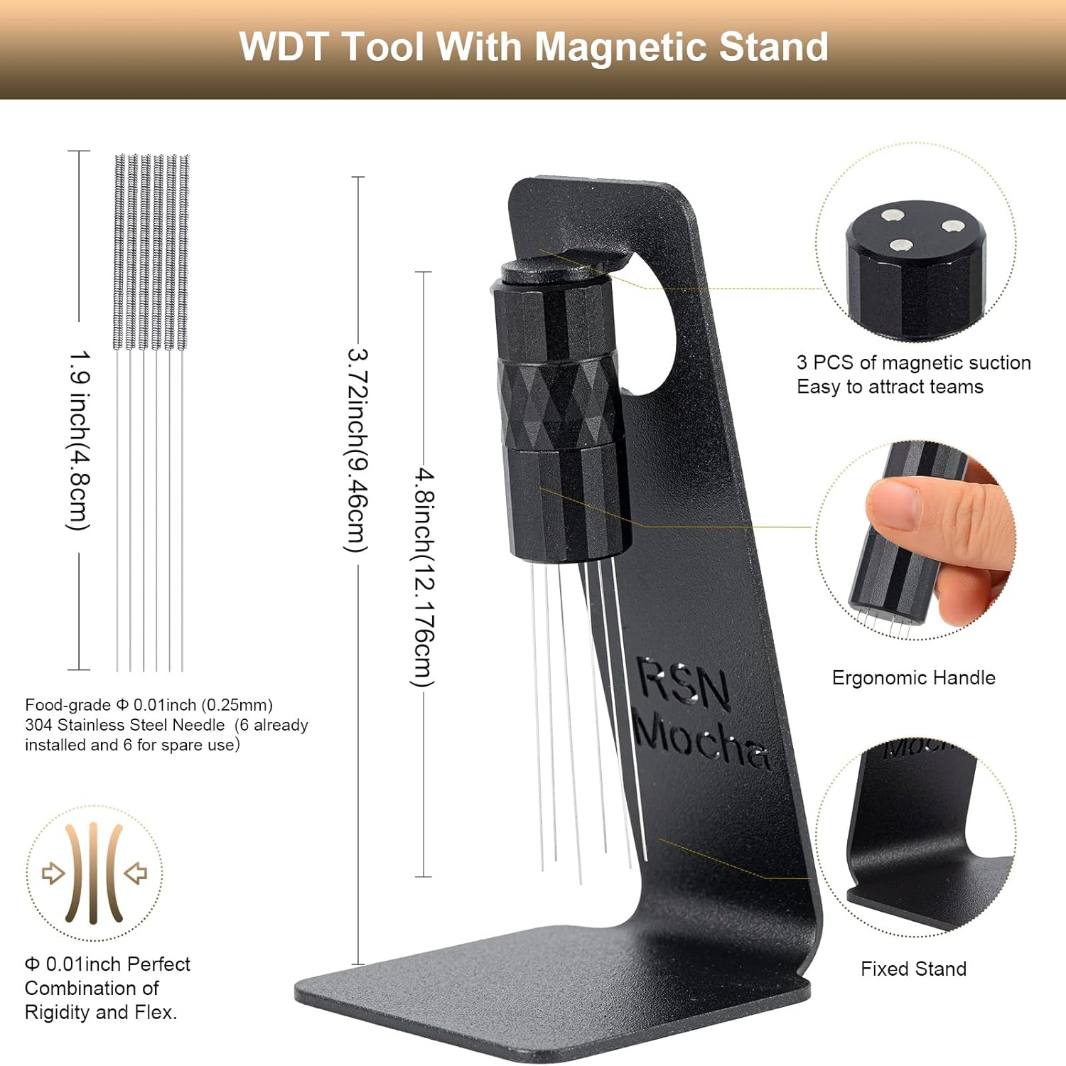 WDT Tool Espresso Distribution Tool, Coffee Distribution Tool with Magnetic Stand, Espresso Accessories with 6 Extra Φ0.25mm Stainless Steel Needles for Barista (Light Black, H：4.8 inches)