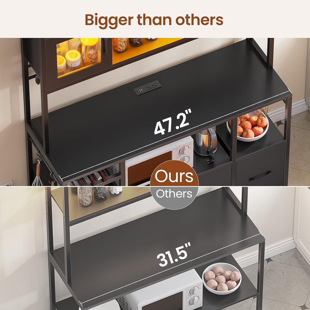 Itaar Bakers Rack with Power Outlet and LED Light, 47.2'' Microwave Stand with Storage, Kitchen Coffee Bar Cabinet with Glass Door, 4 Drawer, Wine Rack, Goblet Holder and 12 Hooks, Black