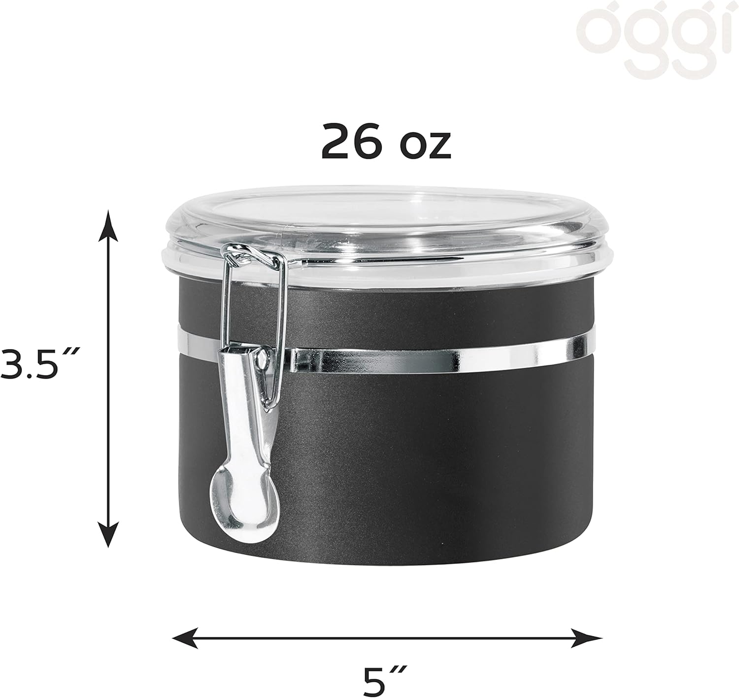 Oggi Stainless Steel Kitchen Canister 26 fl oz, Black - Airtight Clamp Lid, Clear See-Thru Top - Ideal for Kitchen Storage, Food Storage, Pantry Storage. Size 5" x 3.5".