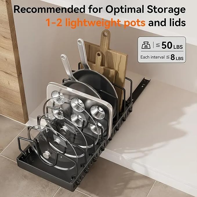 AmoiChic Pull Out Cabinet Organizer for Pots and Pans, Black Storage Rack with 8 Adjustable Dividers, Kitchen Countertop Lid Holder for Pot Lid, Bakeware, Dishes Storage, 2 Pack