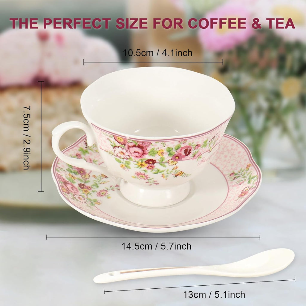 Cup and Saucer Sets of 2 with Spoon, 8oz Large Tea/Coffee Cups and Saucers New Bone China Floral Vintage Cup & Saucer Sets Porcelain Tea Latte Mugs -Microwave Dishwasher Safe