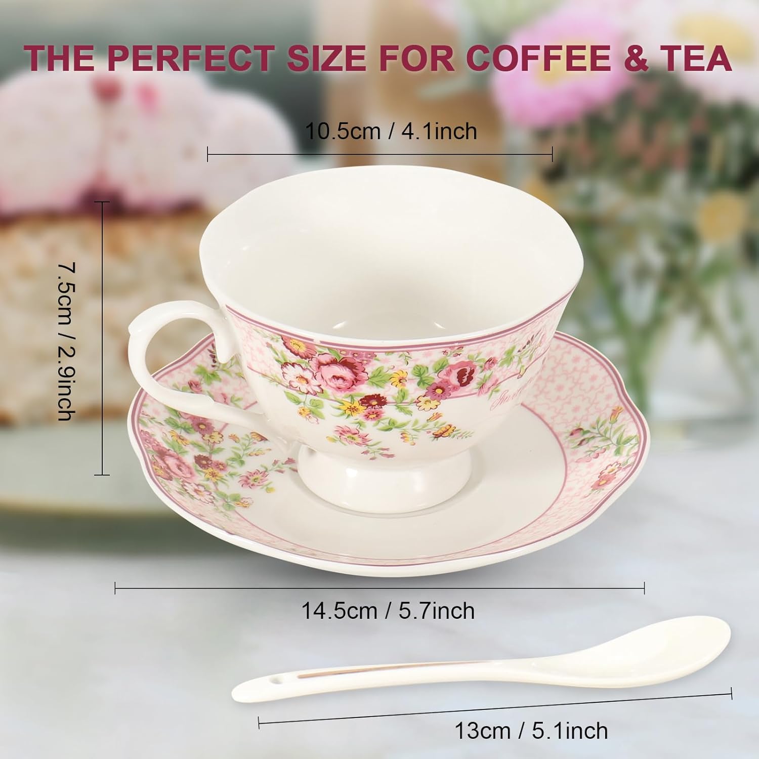 Cup and Saucer Sets of 2 with Spoon, 8oz Large Tea/Coffee Cups and Saucers New Bone China Floral Vintage Cup & Saucer Sets Porcelain Tea Latte Mugs -Microwave Dishwasher Safe